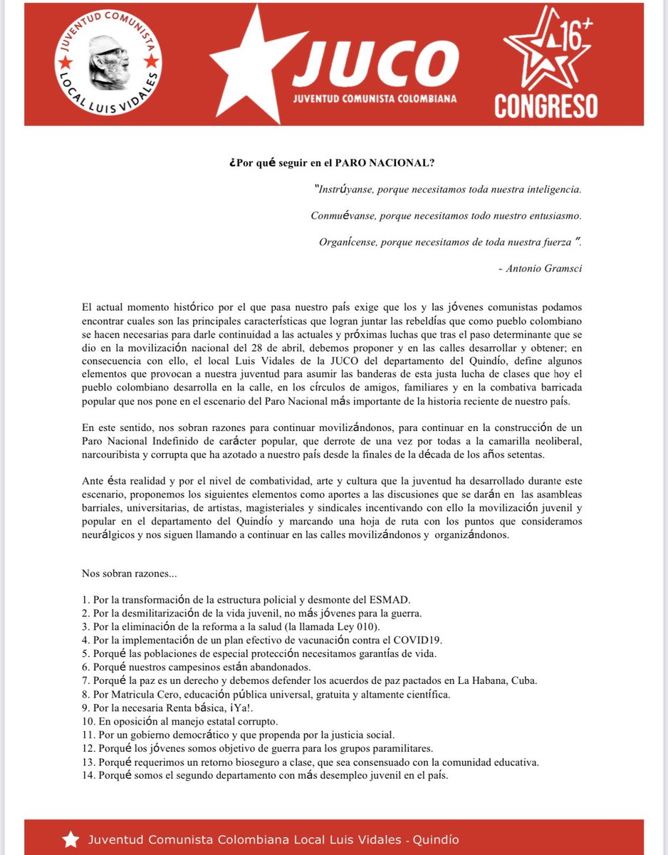 #ParoNacional son estas las razones neurálgicas del porqué los jóvenes del departamento del Quindío seguimos en la calle movilizándonos y organizándonos.