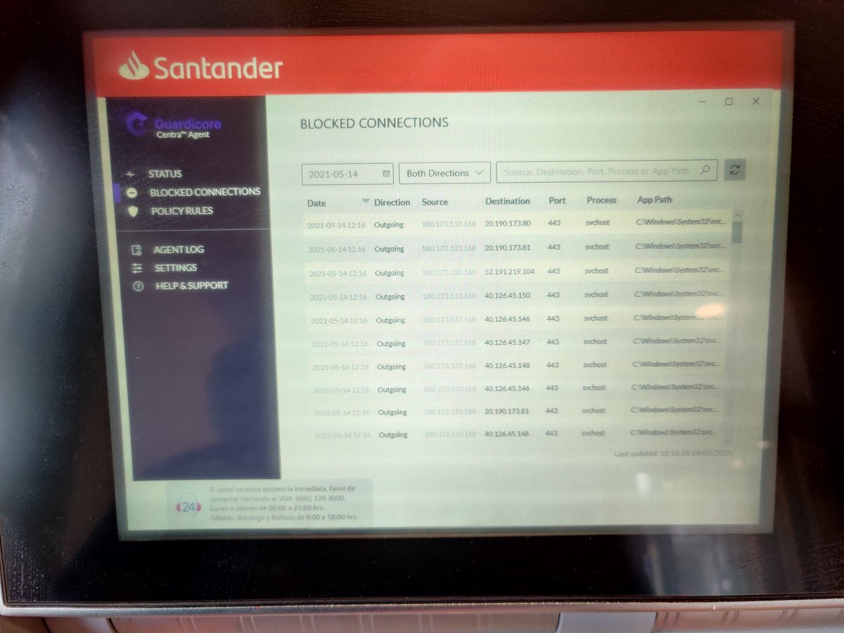 AustroLupus's tweet photo. So, @santanderchile still uses windows for its ATMs. I wonder where these connections come from and where they go to, way too many blocked! Is it a misconfiguration or something else? Interesting... https://t.co/L152SS2msG