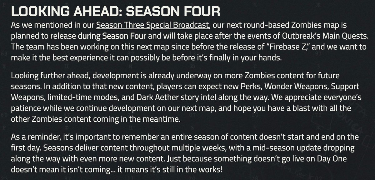 charlieINTEL's tweet photo. The next main line Zombies DLC map for Black Ops Cold War will arrive during Season 4. https://t.co/2XnMwKNTog