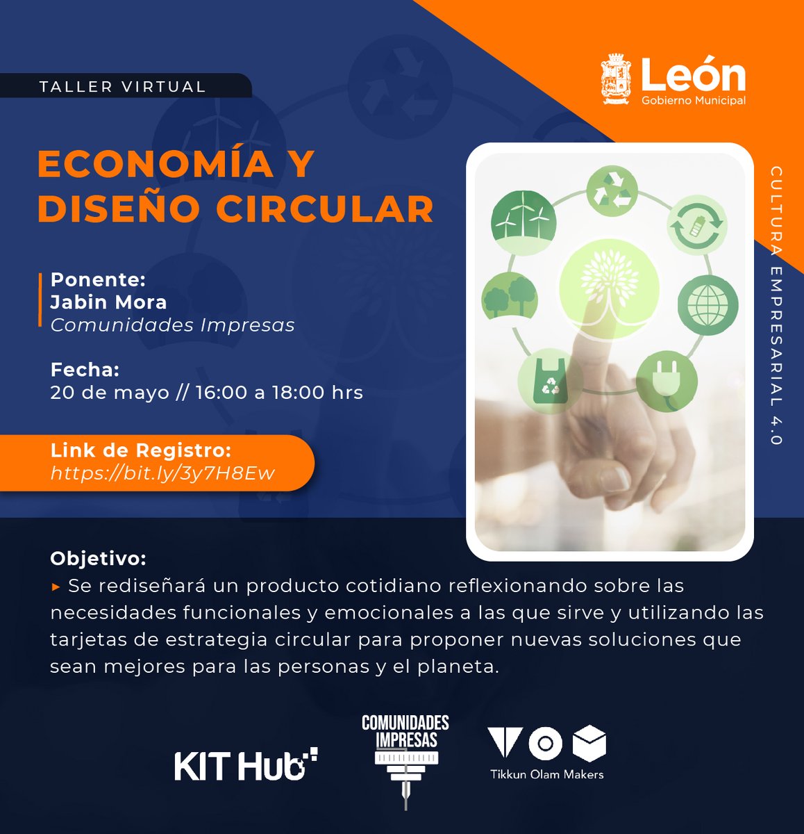 Innovacion_Leon's tweet image. Este 20 de mayo te invitamos al taller "Economía circular y Diseño circular" donde aprenderemos cómo se rediseña un producto cotidiano reflexionando sobre nuevas soluciones que sean mejores para las personas y el planeta.

Regístrate en:
forms.gle/niF6csUgn8TfDQ…