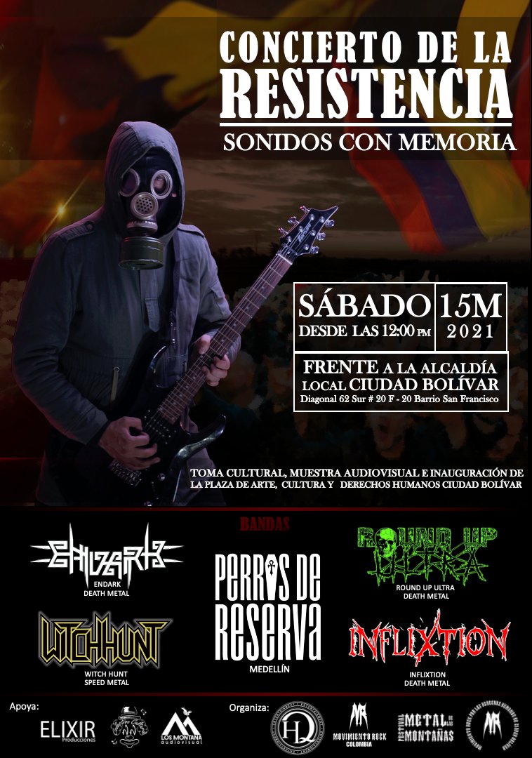 C.O.N.C.I.E.R.T.O DE LA R.3.S.I.S.T.3.N.C.I.4.
🎸SONIDOS CON MEMORIA🎤

Toma Cultural, Muestra Audiovisual e Inaguración de la "Plaza de el Arte la Cultura y los Derechos Humanos de Ciudad Bolívar"

Sábado 15 de mayo de 2021
Frente a la Alcaldía Local de Ciudad Bolívar