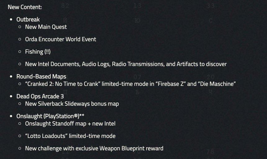 Treyarch's tweet image. New content in Outbreak, round-based Zombies, Dead Ops Arcade 3, and Onslaught coming in next week's update:

treyarch.com/game-intel/202…