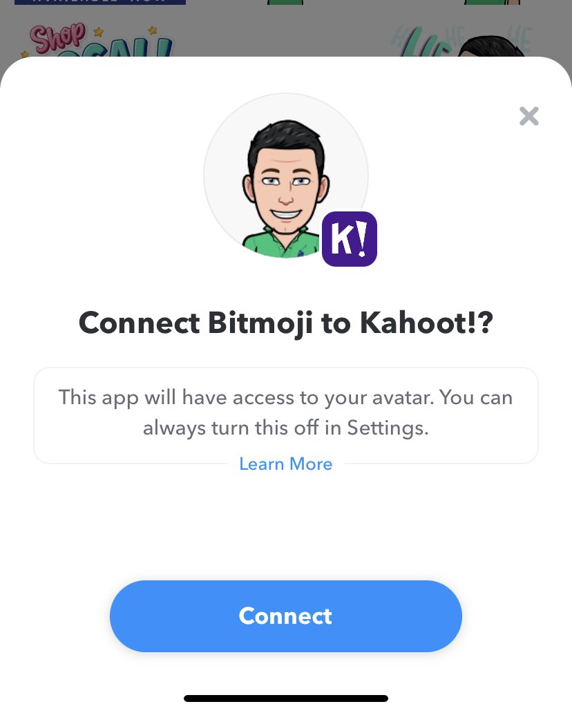 alexremen's tweet photo. @ProfesoraSIrwin @GetKahoot @Bitmoji This is what is supposed to happen once it opens the Bitmoji app. Maybe you need to update the Bitmoji app? https://t.co/JYx6GIpebc
