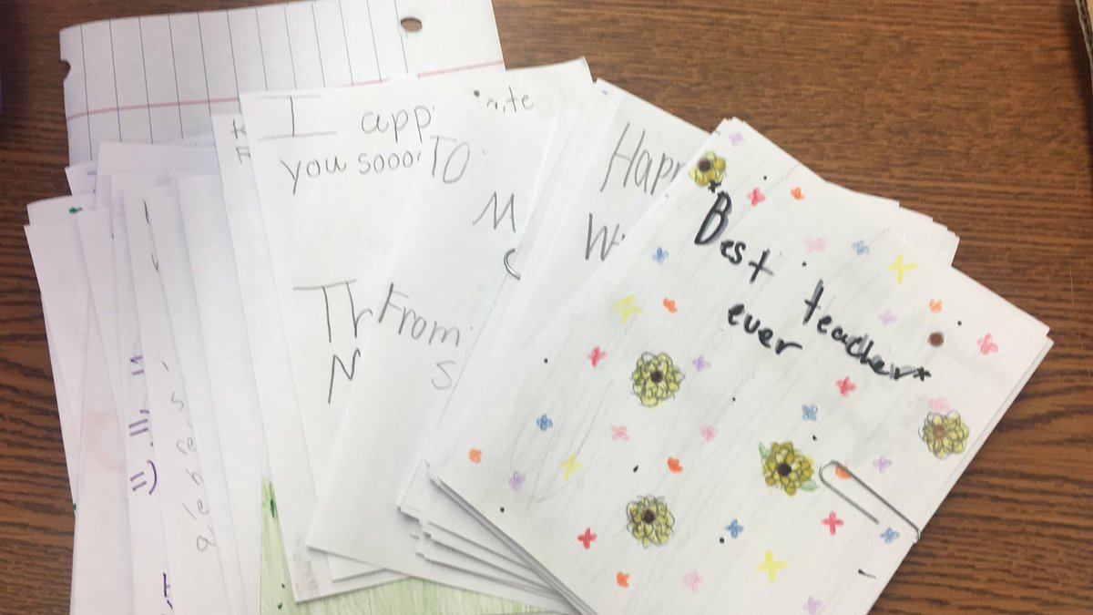 HebertSunshine's tweet photo. Each of my sweet students created a card for two lucky teachers. I will deliver them later today. I am the lucky recipient of some as well. 💜 #cmsrocks #TPSDpride https://t.co/683ADx9s3a