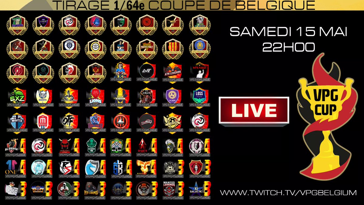 Venez suivre le 2ème tour de la coupe de VPG 🇧🇪 avec l'entrée en lice des clubs de Proleague et Superleague.
Demain en live sur notre chaîne twitch.tv/vpgbelgium