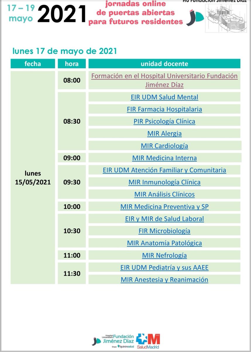 ecb_Ph's tweet photo. ¿Quieres elegir un Hospital puntero para realizar tu formación como FIR? 😊😊 Puedes asistir a las jornadas de puertas abiertas del @Hospital_FJD que serán por TEAMS el lunes 17 de mayo a las 8:30. Busca el link en https://t.co/DH6yE7ncAM @docenciafjd 
 @farmaFIR @AcademiaGoFIR https://t.co/yO0FDNVU4O