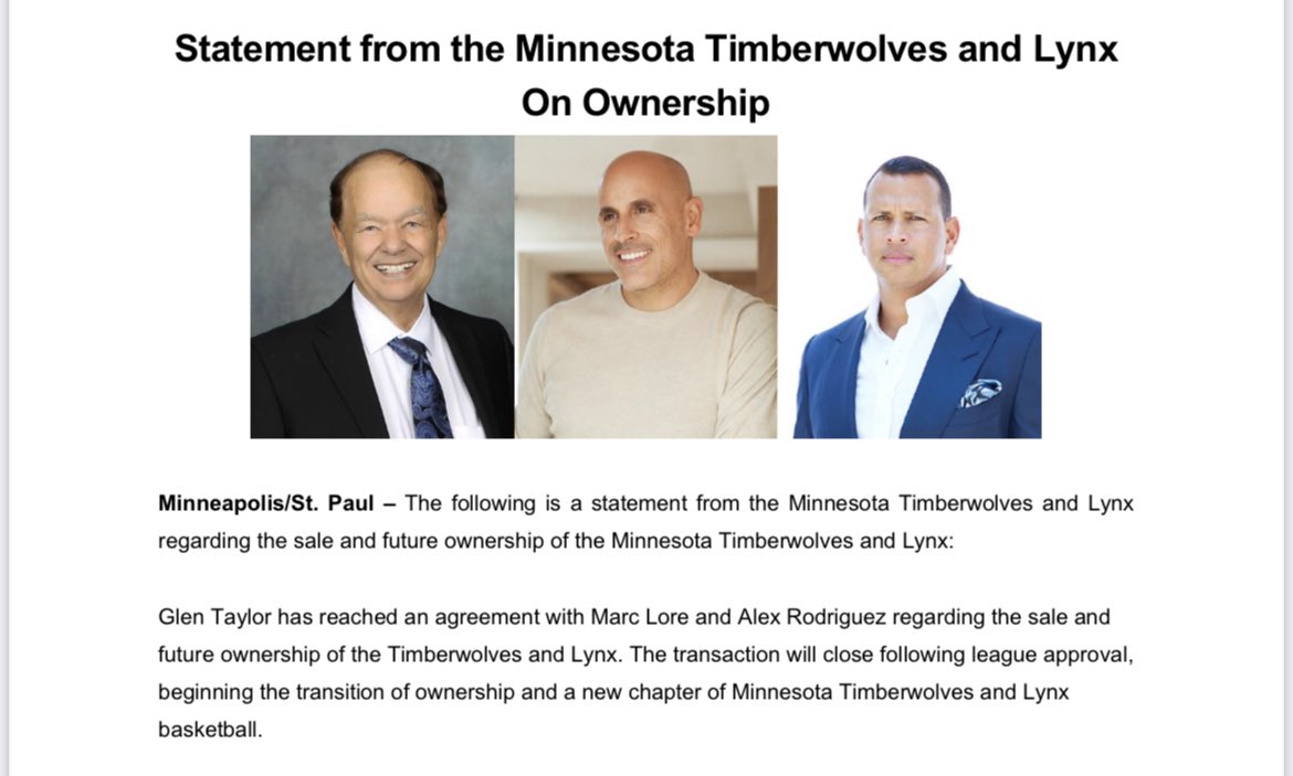 RT @ShamsCharania: Official statement on Minnesota Timberwolves sale to Alex Rodriguez and Marc Lore: https://t.co/cpoZPFHFFr