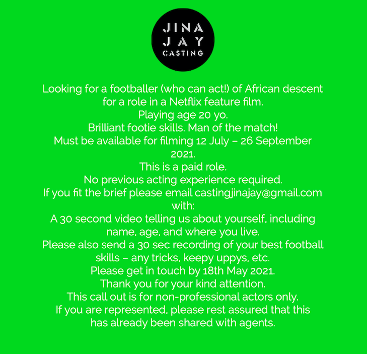 PLEASE SHARE – CASTING CALL

CASTING CALL FOR A NETFLIX FEATURE FILM

Please get in touch as soon as possible if this is you!

#casting #featurefilm #castingcall #openaudition #audition #football #footballseason #footballskills #footballplayer #footballer