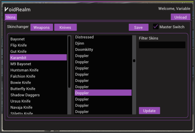 UpdatesVoid's tweet photo. New update (Skinchanger)

Menu overhaul (similar to the external cheat) now easier to navigate around the cheat. (Skinchanger only cheat)

Also some bug fixes, you should now be able to use all the latest skins in game. 

Thread: https://t.co/QScjAcM3a3 https://t.co/edMems4Bcp