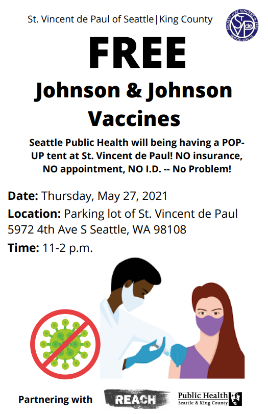 SVDPSeattle's tweet photo. @KCPubHealth will being having a pop-up tent at St. Vincent de Paul to give out FREE COVID-19 vaccines on May 27, 2021!
#COVID19 #vaccine #seattle #FREE https://t.co/lLpdSmycJw
