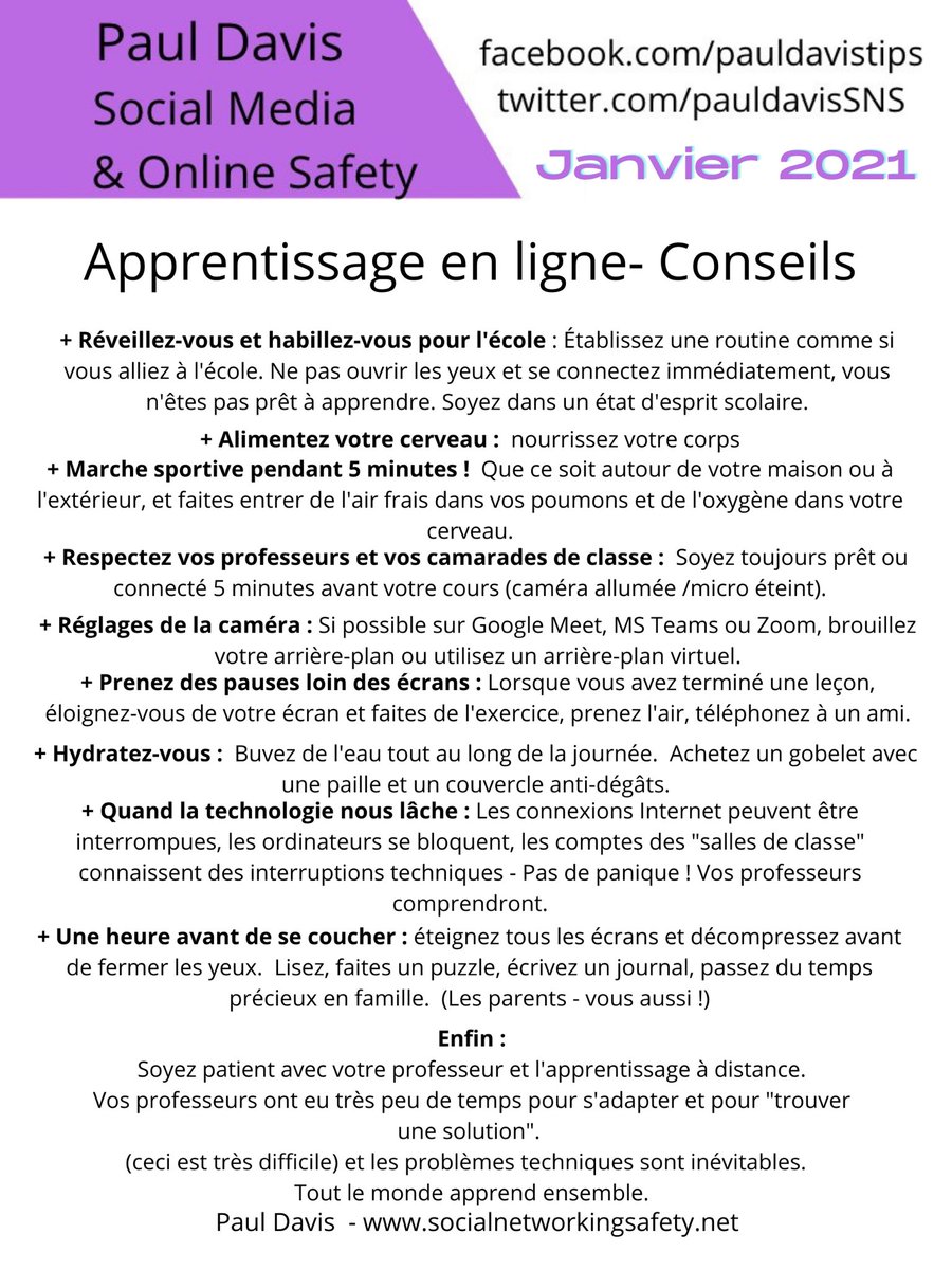 Snapchat, TikTok, risques et dangers... Vous voulez en savoir plus? Le Conseil d'école vous propose une présentation de Paul Davis le dimanche 30 mai 2021 à 18h00. Nous vous invitons à y participer en grand nombre avec vos enfants. Le lien suivra sous peu.
socialnetworkingsafety.net/sample-page/