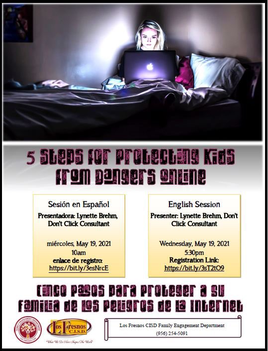 Join us for an Internet Safety class on Wednesday, May 19th @ 10am! 
🔸Sesión en Español🔸
🗓 miércoles, 19 de mayo @ 10am 
🔗 enlace de registro: bit.ly/3esNrcE 
🔷 English Session🔹
🗓 Wednesday, May 19, 2021 @ 5:30pm 
🔗 Registration Link: bit.ly/3sT2tO9