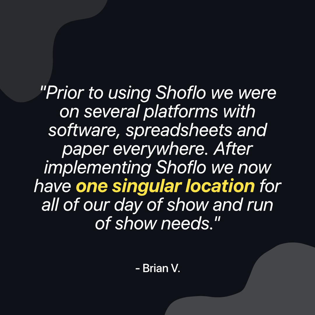 Going from several platforms, excel spreadsheets, and paper to ONE-SINGULAR-LOCATION? Sounds too good to be true, right? Not with Shoflo. Learn more on how Rundown and our other tools can help you produce a better show and visit hubs.ly/H0Nnvkx0 to try for free.