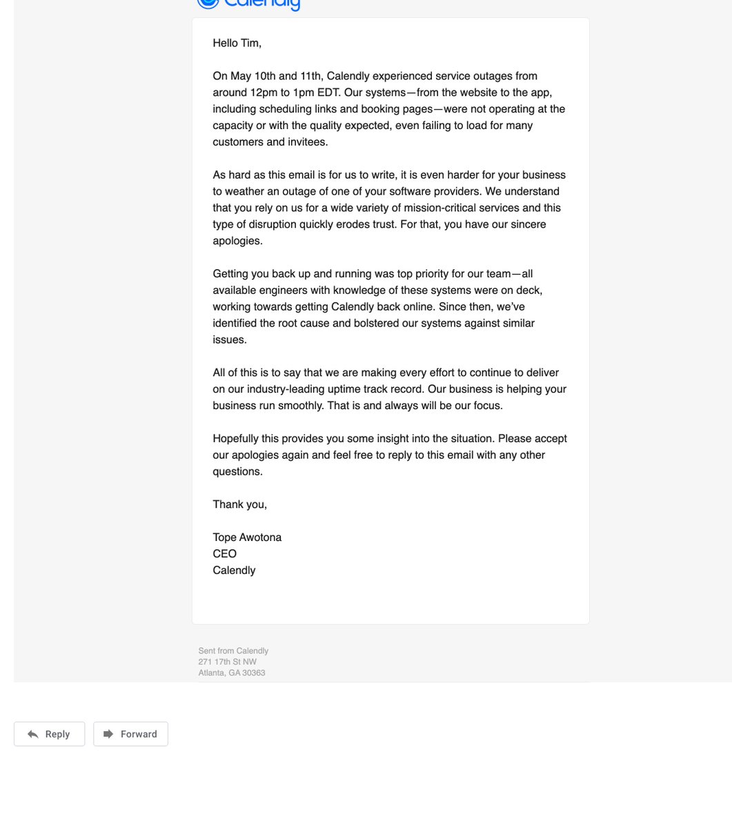 TimmyDLS's tweet image. Even after preventative measures, bugs happen.
Then it's the response that counts.

Here's @Calendly &amp;amp; @TopeAwotona nailing it.

Probably helps I can't remember any other incident from them in years. Moreover, it's simply a best-in-class product.