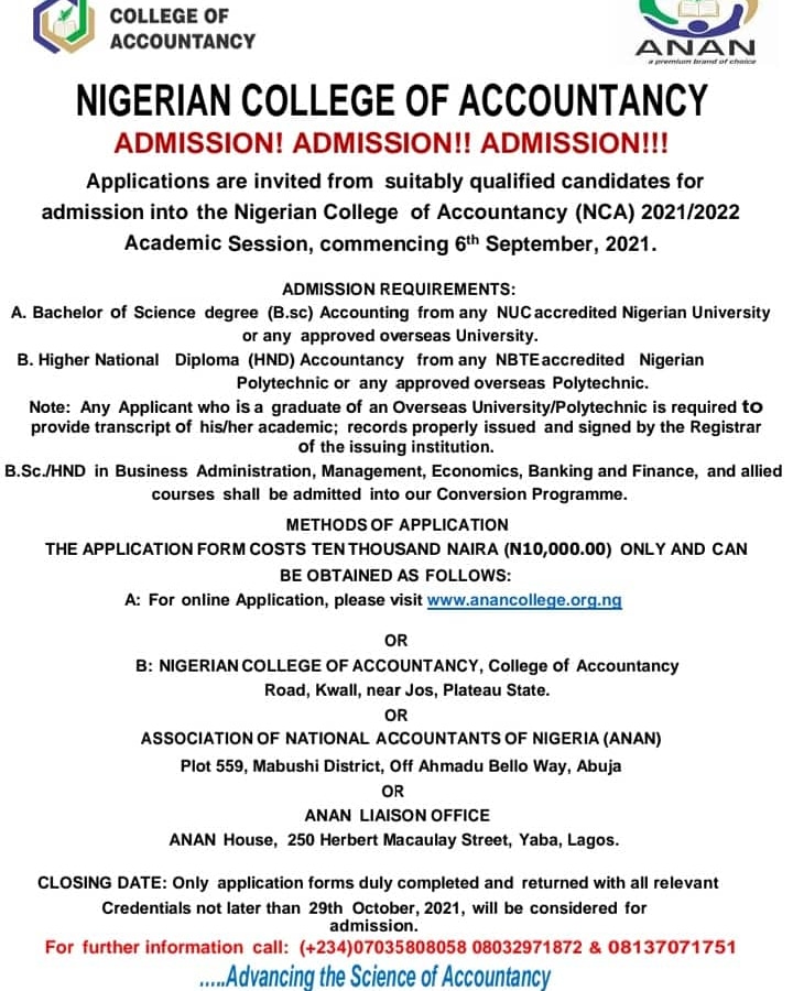 ANAN Admission into Nigeria College of Accountancy NCA