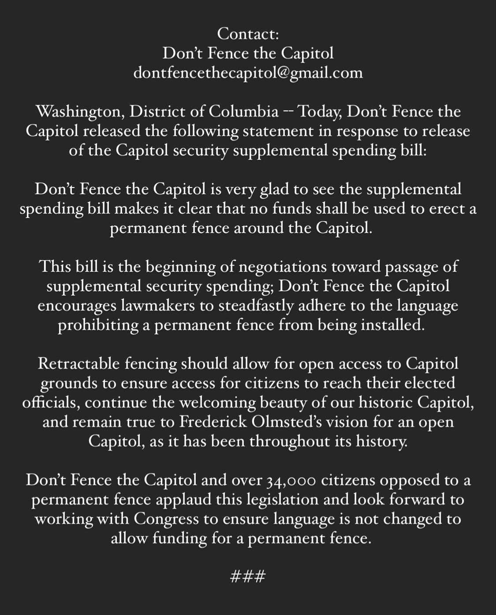 DontFenceTheCap's tweet photo. Statement regarding the #Security #Supplemental #CapitolSecurity #DontFencetheCapitol #Jan6 #CapitolRiots #DC https://t.co/Z2PKVHviA5