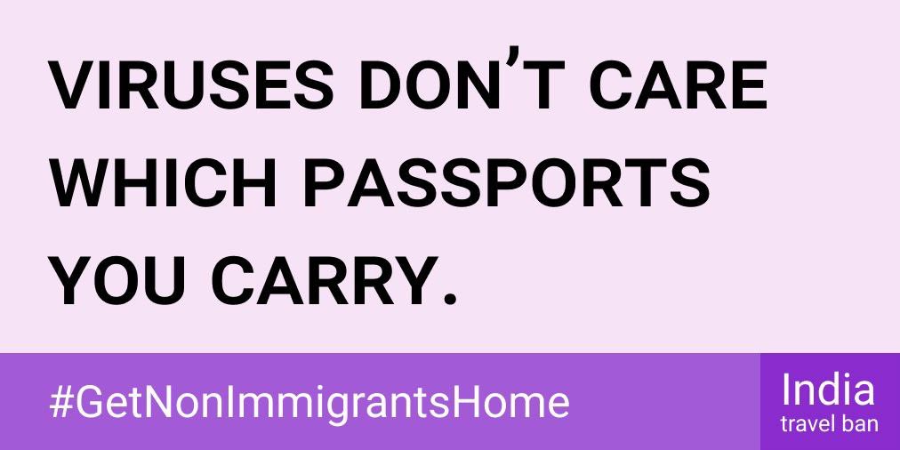 Nisha251019's tweet photo. Please exempt non-immigrants from Travel ban!!! Covid doesn’t know the difference between citizens and H1/H4 holders. Test and quarantine upon return. #getimmigrantshome #unfairvisaban @MichelleObama @BarackObama https://t.co/fwTXUh7YDS