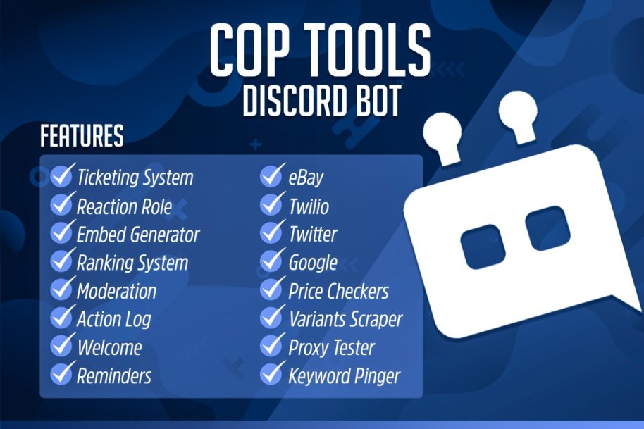 Cop Tools on Twitter: "Cop Tools Bot🤖 Features ⬇️ ▪️ Ticketing System ▪️ Ebay Bot Twilio Text Messaging ▪️ Twitter Success ▪️ Reaction Embed Generator ▪️ Ranking System
