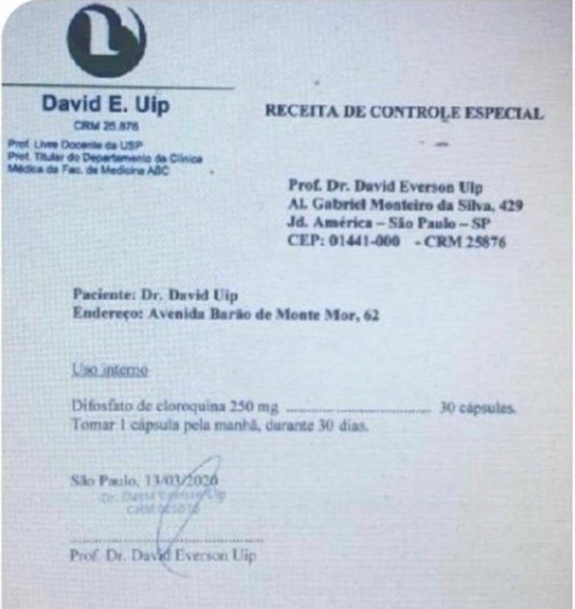 fabiofaria's tweet photo. Recuperando a cronologia dos fatos... Parabenizo o Dr. David Uip, que forneceu à CPI a receita que comprova que ele receitou e tomou a cloroquina, como fizeram vários outros médicos e o CFM. 
Bem que o Doria disse que o Dr. David foi quem primeiro recomendou cloroquina pro MS. https://t.co/QIPqmO90cL