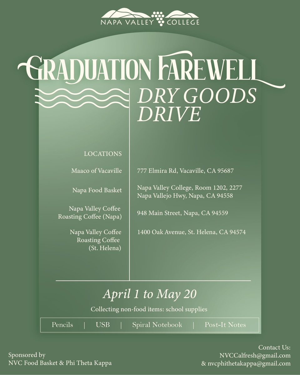 NvcPhi's tweet photo. Our Graduation Farewell Dry Good Drive will come to an end on May 20. Don’t forget to donate your non-food item school supplies (pencils, USB, Spiral notebook, post-it notes) to the locations below. https://t.co/f9UdCpJxOV