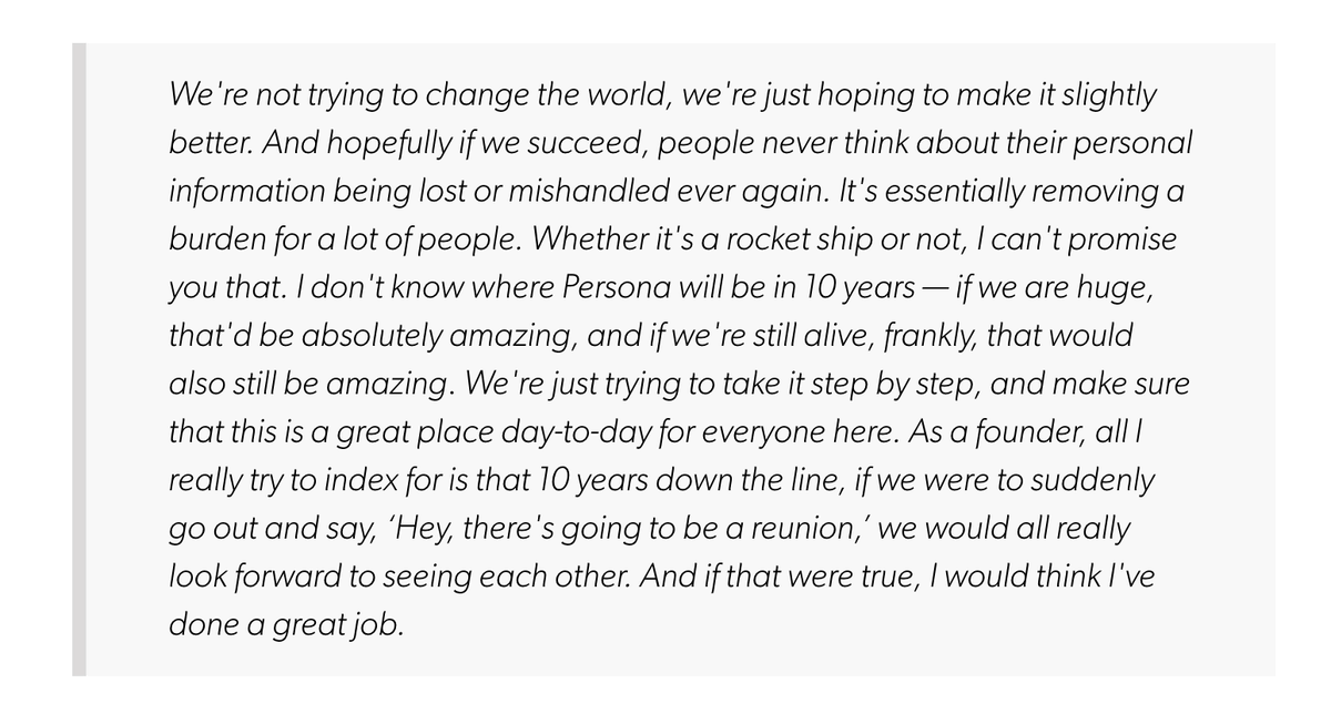 firstround's tweet photo. "It seems as if every startup talks about hiring for mission. The ‘You're riding on a rocketship’ segment of recruiting messaging is incredibly crowded so we’ve taken almost the complete inverse approach @withpersona."

Advice for your first 10 hires here: https://t.co/HhTmulyIm1 https://t.co/wGrsabwCRR