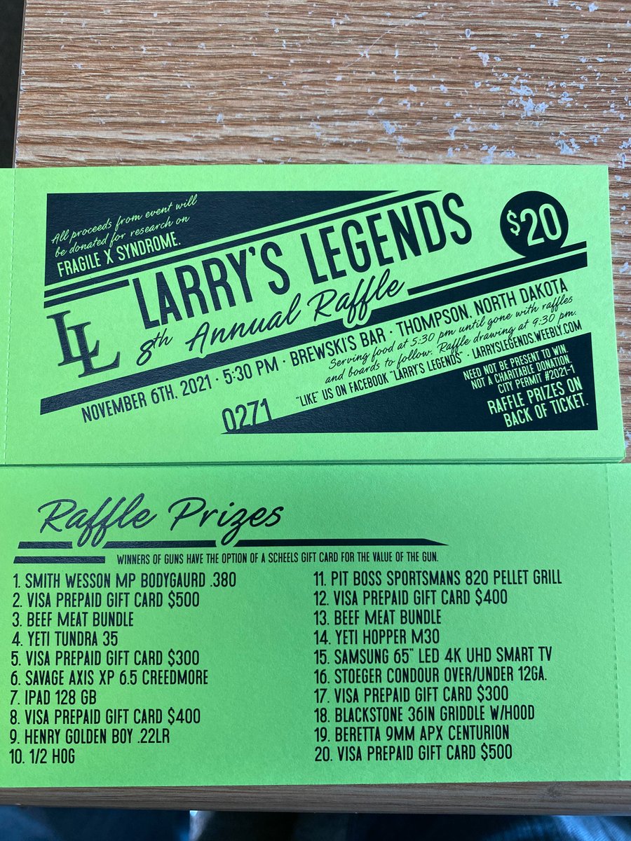 Our 8th Annual Raffle Tickets are now for sale.  Let us know if your interested.  #larryslegends #fragilex #findacure #charity