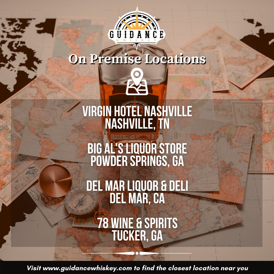 GuidanceWhiskey's tweet photo. Guidance Whiskey is proud to be served by the drink in these fine establishments. Pay them a visit next time you are in #NASHVILLE, #POWDERSPRINGS, #DELMAR or #TUCKER and tell them #GuidanceWhiskey sent ya! #tennesseewhiskey #iowawhiskey https://t.co/idsto9uXpX