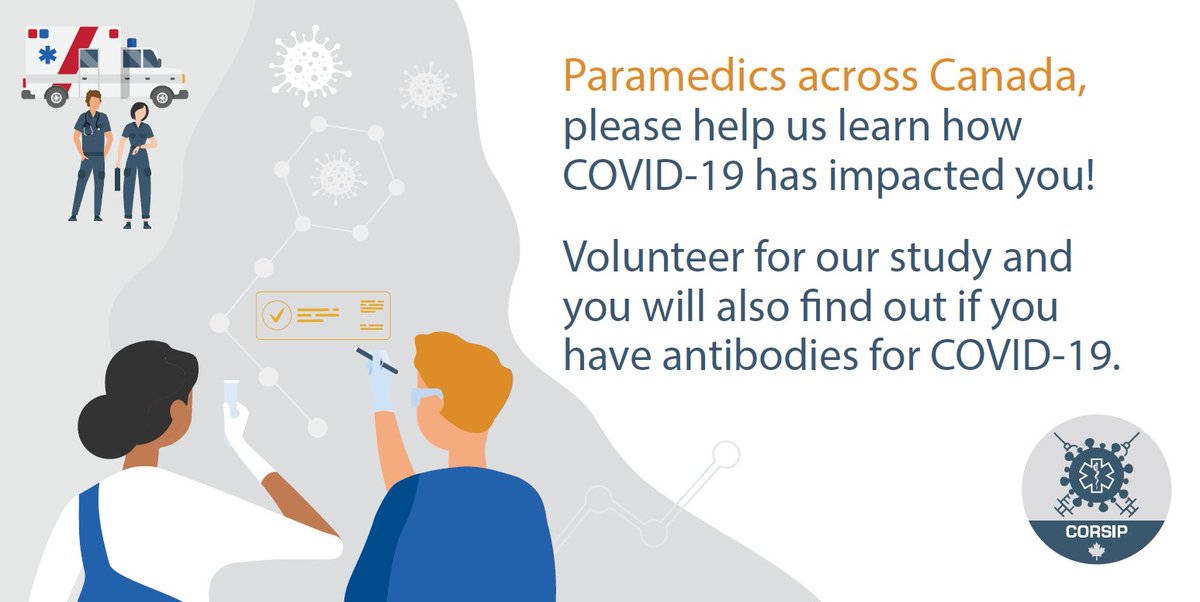 OCRC_CA's tweet photo. The @CORSIP_Canada study is now open to paramedics in Alberta!  Learn how COVID-19 has impacted you. Visit https://t.co/7TuNk0f1Y7 to join the study and to locate the nearest blood collection location. https://t.co/HYPkvl1vri
