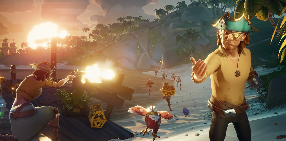 A crew wear the lavish gold and blue #BeMorePirate hat (with white rosette) while engaging in stealing some loot from a group of skellies as the sun sets behind them.