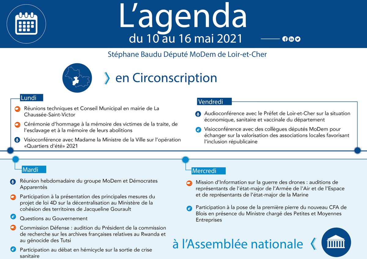 📌🗓️Retrouvez dans mon agenda ci-dessous 👇l'ensemble de mes activités de cette semaine.
#Circo4101 #LoiretCher <a href="/AssembleeNat/">Assemblée nationale</a> <a href="/DeputesDem/">Les Démocrates</a>