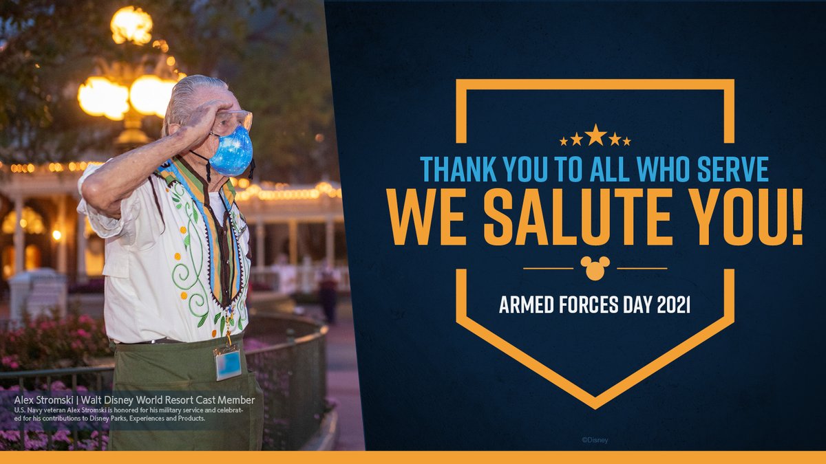 DisneyParks's tweet photo. In honor of Armed Forces Day tomorrow, we're shining a light on a special Disney cast member who served in the military during a pivotal time in U.S. history. Learn more about U.S. Navy veteran Alex Stromski and his journey: https://t.co/HVqSCeCs9Q https://t.co/46UDyeoNzv