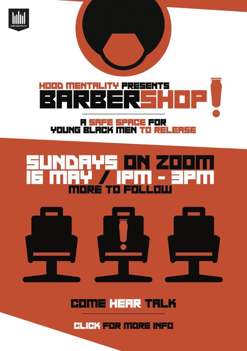 Come to the barbershop on Sunday. A place for young black men to talk about what it’s like to be a young black man. Sign up form 🖊 docs.google.com/forms/d/e/1FAI… #youngblackmen #MentalHealthAwarenessWeek