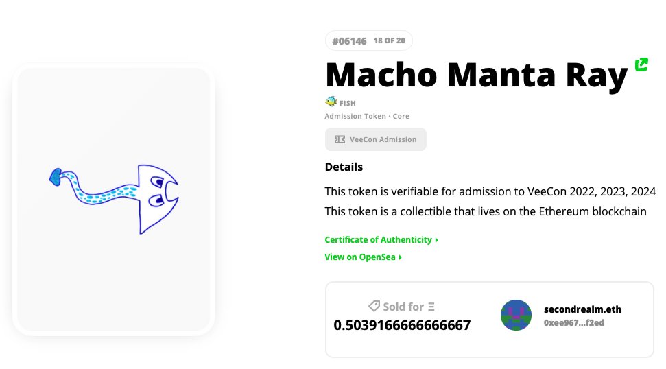 secondrealm's tweet image. purchased the Macho Manta Ray from @garyvee&apos;s @veefriends project. he mentioned &quot;Macho Man&quot; on the #outerrealm podcast w/ me in Feb so felt like a natural choice. 🔥