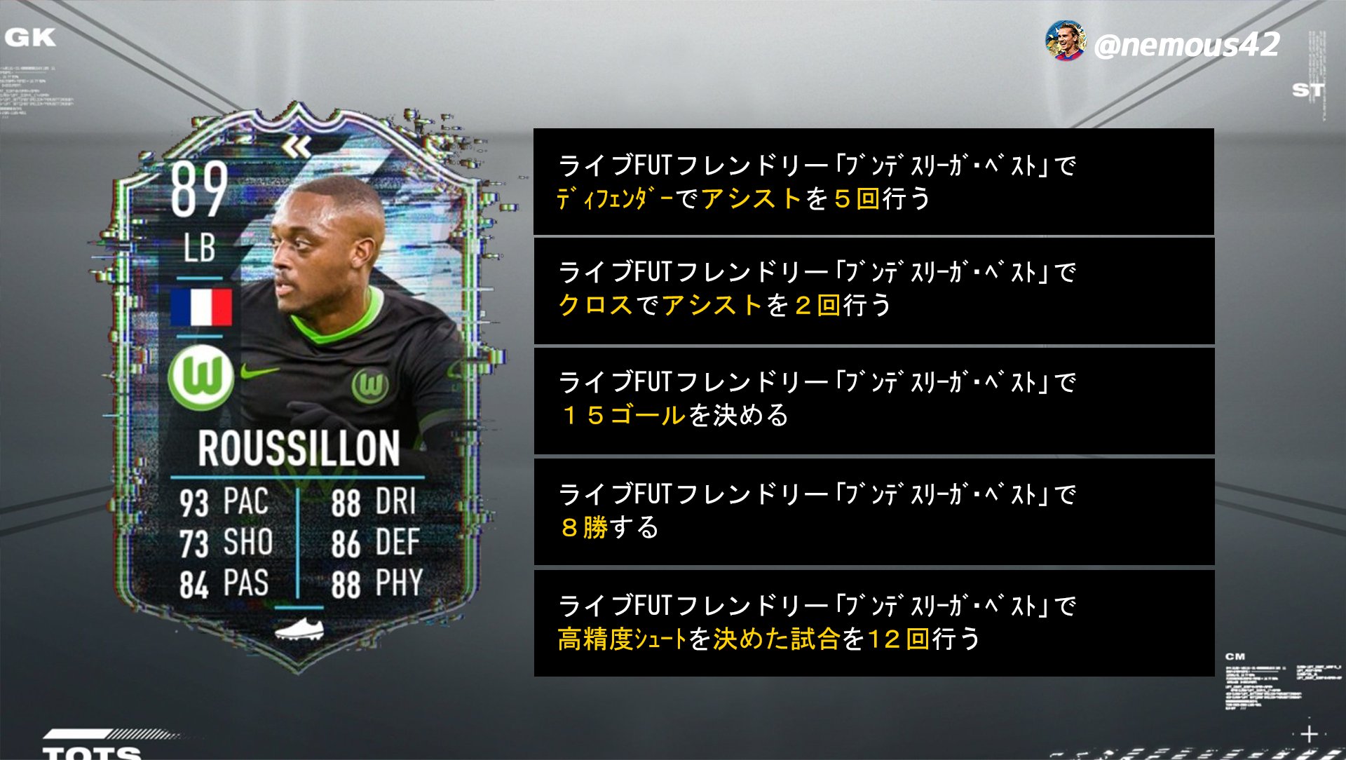 逆足3のｱﾝﾄﾜｰﾇ Fifa ハイライト Roussillonの目標を作成しました 試合条件は ﾌﾞﾝﾃﾞｽﾘｰｶﾞﾍﾞｽﾄ 期間は７日間になります Fut21challenge Fut21 Fifa21 T Co Zakuovjb9d Twitter