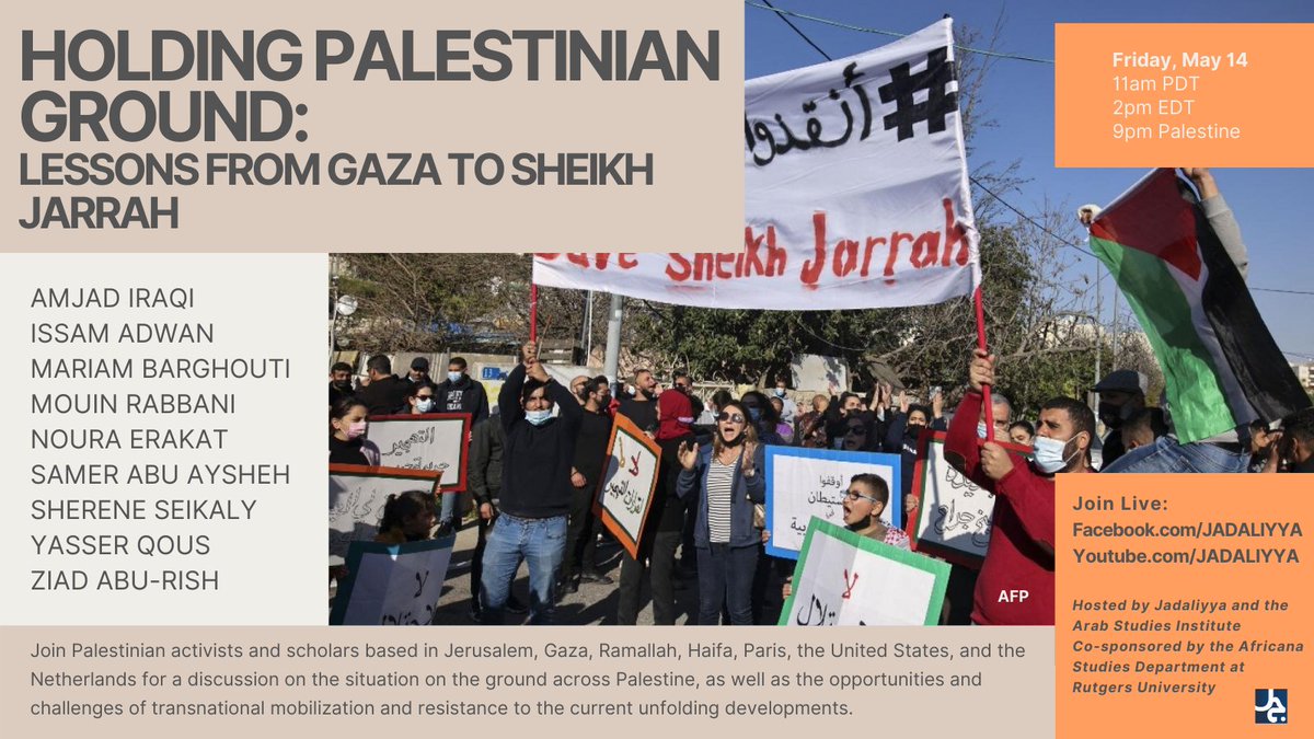 Live now! 

Holding Palestinian Ground: Lessons from #Gaza to #SheikhJarrah

Click to join: fb.watch/5utOuTp_ZG/