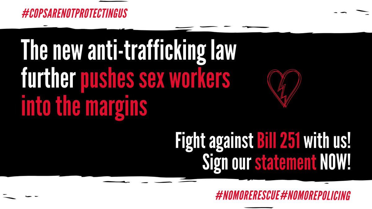 Without distinguishing sex work from human trafficking, the Bill will authorize law enforcement to further surveil, harass, detain and potentially deport sex workers.

Sign our statement: butterflysw.org/stop-bill-251

#StopBill251 #CopsAreNotProtectingUs #NoMorePolicing #NoMoreRescue