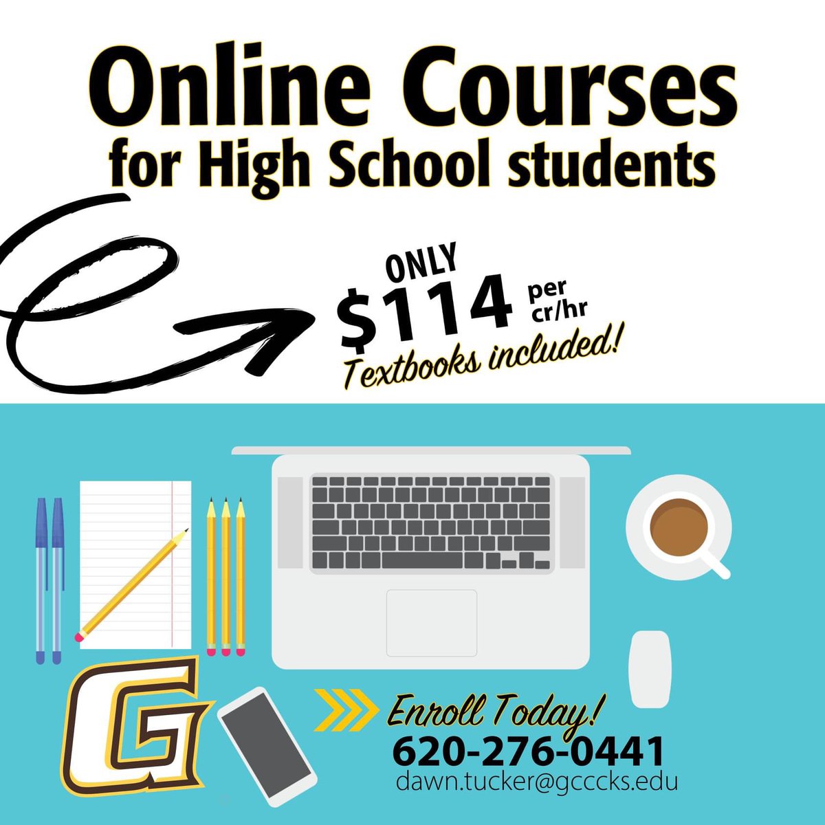 Did you know that GCCC's online courses are available to high school students for ONLY $114 per credit hour AND the best part is... you don't even have to live in Kansas?!😀

High school sophomores, juniors, or seniors may enroll in our college-level classes. 

Get started TODAY!