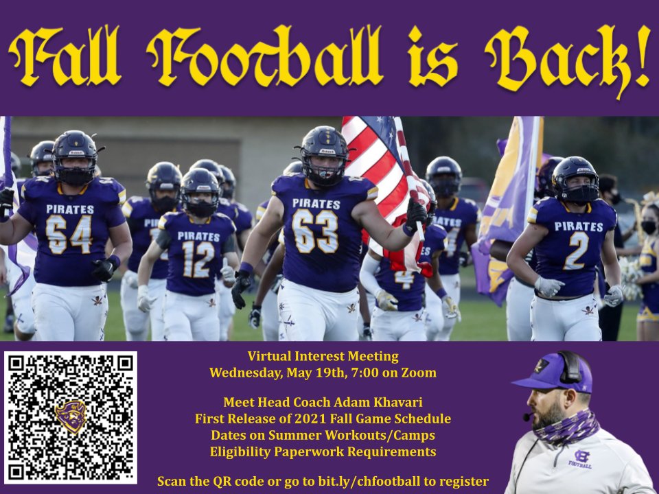 <a href="/Corinthfootball/">Corinth Warrior Football Touchdown Club</a> will hold a virtual interest meeting on Wednesday 5/19 at 7:00! Register by scanning the QR code or going to bit.ly/chfootball!

We're excited to meet some of our future Pirates from <a href="/ALGatorFootball/">Archer Lodge Football</a> and <a href="/RiverwoodRavens/">Riverwood Middle</a> !