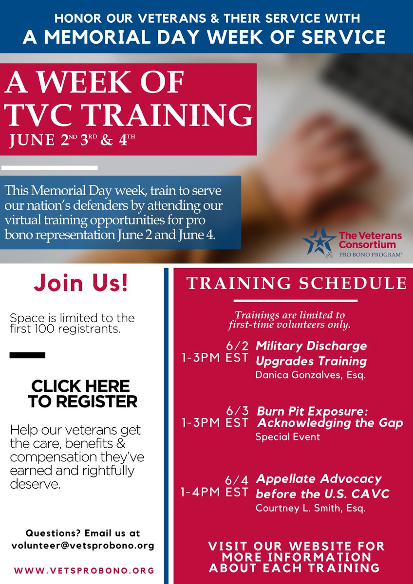 vetsprobono's tweet photo. On June 2-4, join us for a Week of Service training to serve our nation's veterans.
Register here --> https://t.co/lKTUDmhmE6
#theyfoughtforus #sheservedtoo #burnpits #burnpitexposure #womenveterans #military @Burnpit360 @jonstewart @johnfeal2 @YourNexStage https://t.co/RI4Ow6tCdK
