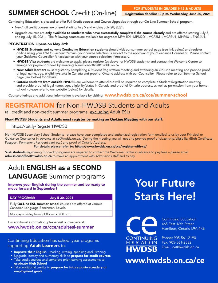 Continuing Education is pleased to share that registration is now open for our 2021 Online Summer School Program! Students currently attending secondary school and adults are eligible to participate in our online summer school credit program.

Learn more: hwdsb.on.ca/blog/register-…