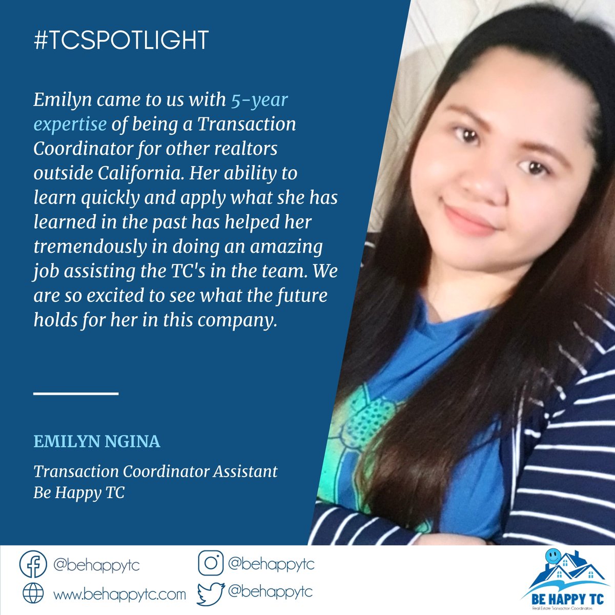 BeHappyTC1's tweet image. Emilyn came to us with 5-year expertise of being a Transaction Coordinator for other realtors outside California. 

#TCSpotlight
#TCSpotlightCA 
#BeHappyTC_Emilyn 
#BeHappyTC2021
#MasterTransactionCoordinator
#ContractExperts
#BeHappyTCCA