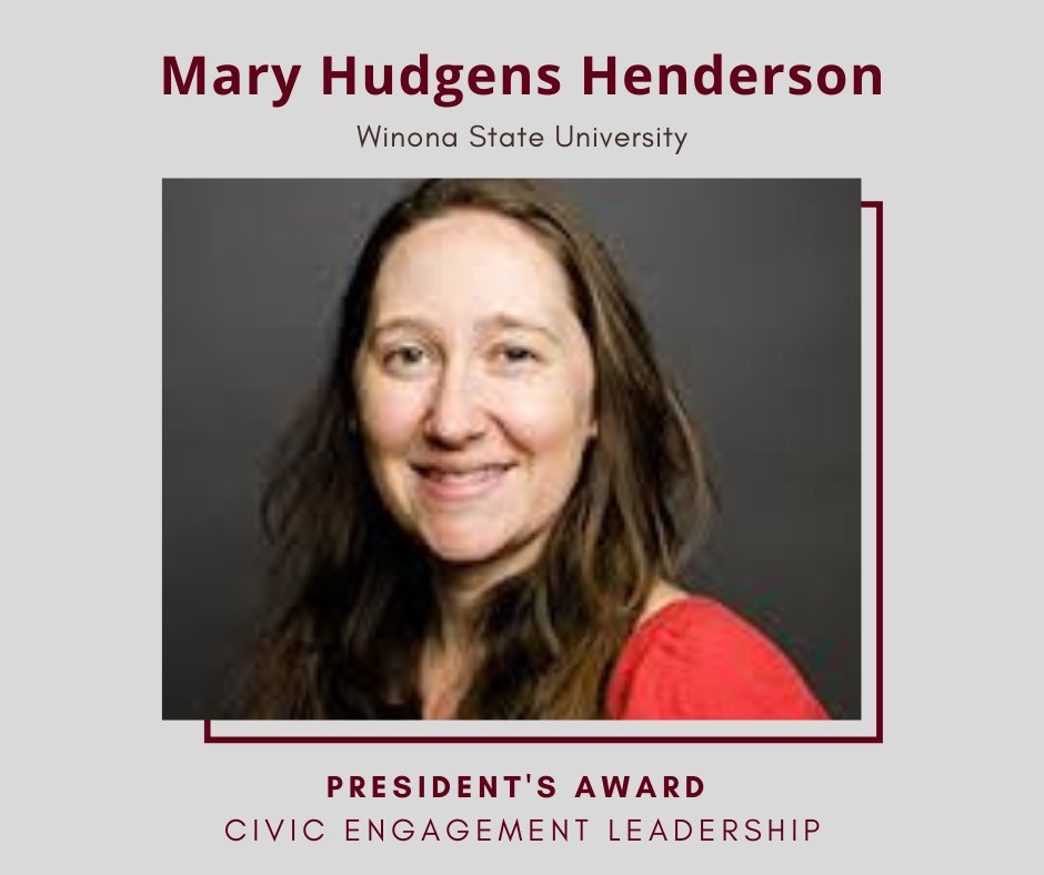 Congratulations to @winonastateu's 2021 Presidents' awardee for civic engagement leadership, Mary Hudgens Henderson! Visit our website to read more about the awardees! buff.ly/3mO4724 buff.ly/3oOplwG