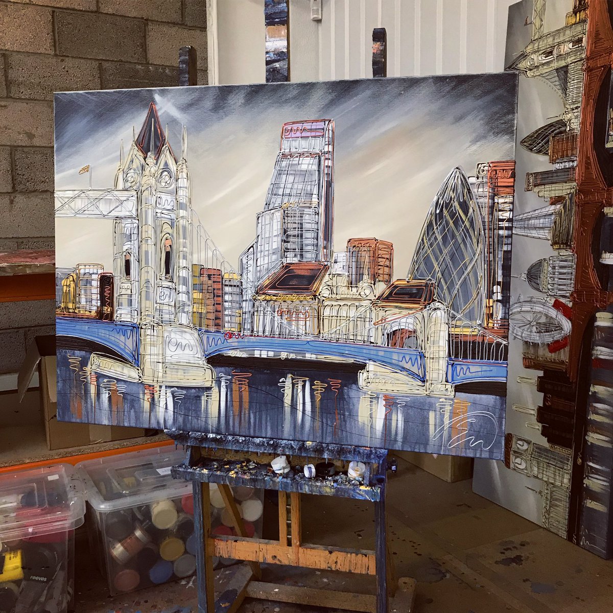 On the easel... ‘Tower Glow’ #studiolife #ontheeasel #towerbridge #bankingdistrict #gherkin #wip #london #cityscape