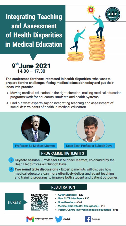 AUTP Conference  on 9/6/21 -"Integrating Teaching and Assessment of Health Disparities in Medical Education"
Book your place at autp.org/autp-conference
Expert panel- discuss how educators can deliver&amp;  adapt teaching, training programs to improve both student &amp; patient outcomes.