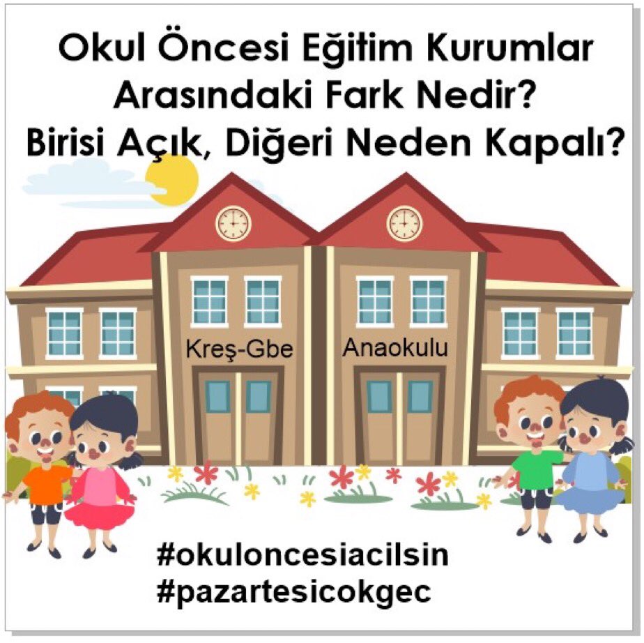 Anaokulları belirsizliklerden acilen kurtulmalı ve açık kalmalıdır. Çalışan aileler okul öncesinin açık olmasını istiyor.
#okuloncesiacilsin #pazartesicokgec 
<a href="/RTErdogan/">Recep Tayyip Erdoğan</a> <a href="/ziyaselcuk/">Ziya Selçuk</a> <a href="/drfahrettinkoca/">Dr. Fahrettin Koca</a> <a href="/suleymansoylu/">Süleyman Soylu</a>