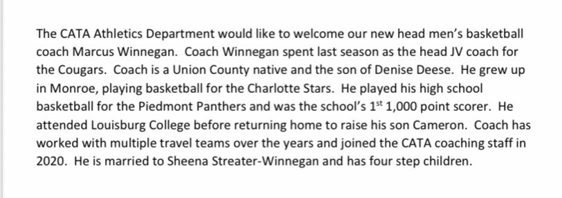 ⚠️Update⚠️
The <a href="/cata_monroe/">Cata Monroe</a> Cougars would like to welcome new head Mens 🏀 Coach Marcus Winnegan
#clawsout 

<a href="/UCPSNC/">Union County Public Schools</a> <a href="/UCPSNCAthletics/">UCPS NC Athletics</a> <a href="/UCHOOPS/">Union County Hoops, Football, Baseball & Softball</a> <a href="/CataMbball/">CATA Hoops</a> <a href="/EnquirerJournal/">The Enquirer-Journal</a> <a href="/AGHoulihan/">Andrew G. Houlihan</a> <a href="/VickiMerritt13/">Vicki R. Merritt</a> <a href="/thewallerIV/">Josh Wall</a>