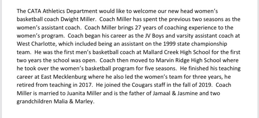 ⚠️Update⚠️
The <a href="/cata_monroe/">Cata Monroe</a> Cougars would like to welcome new head Women’s 🏀 Coach Dwight Miller 
#clawsout 

<a href="/UCPSNC/">Union County Public Schools</a> <a href="/UCPSNCAthletics/">UCPS NC Athletics</a> <a href="/UCHOOPS/">Union County Hoops, Football, Baseball & Softball</a> <a href="/CataMbball/">CATA Hoops</a> <a href="/EnquirerJournal/">The Enquirer-Journal</a> <a href="/AGHoulihan/">Andrew G. Houlihan</a> <a href="/VickiMerritt13/">Vicki R. Merritt</a> <a href="/thewallerIV/">Josh Wall</a>