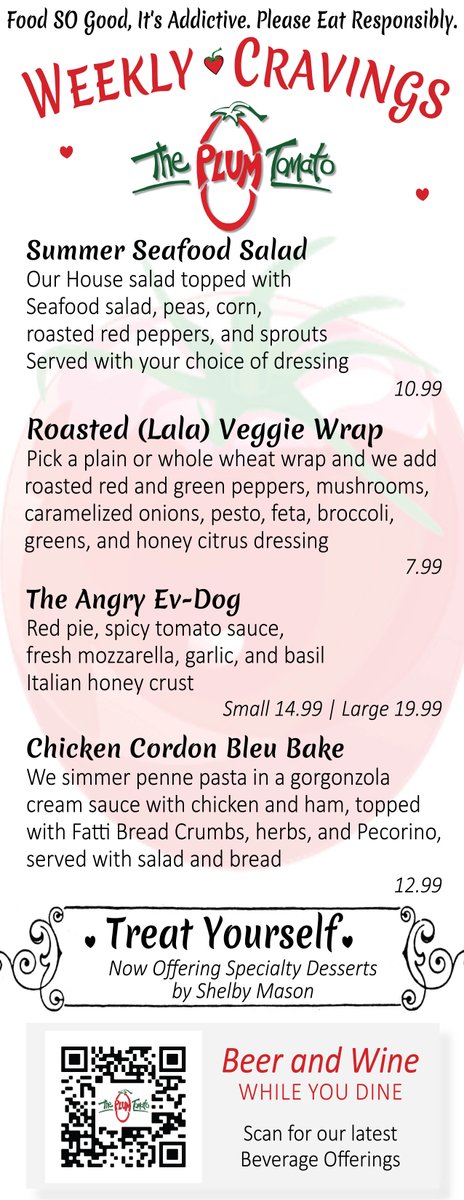 It's a Plumtastic Weekend for some good eats! Check us out - this sweet menu begins at 5:00 this evening 🍅
.
.
.
#theplumtomato #foodislove #getinmybelly #weeklycravings #iheartpizza #pizzafridays #colchesterct #salemct