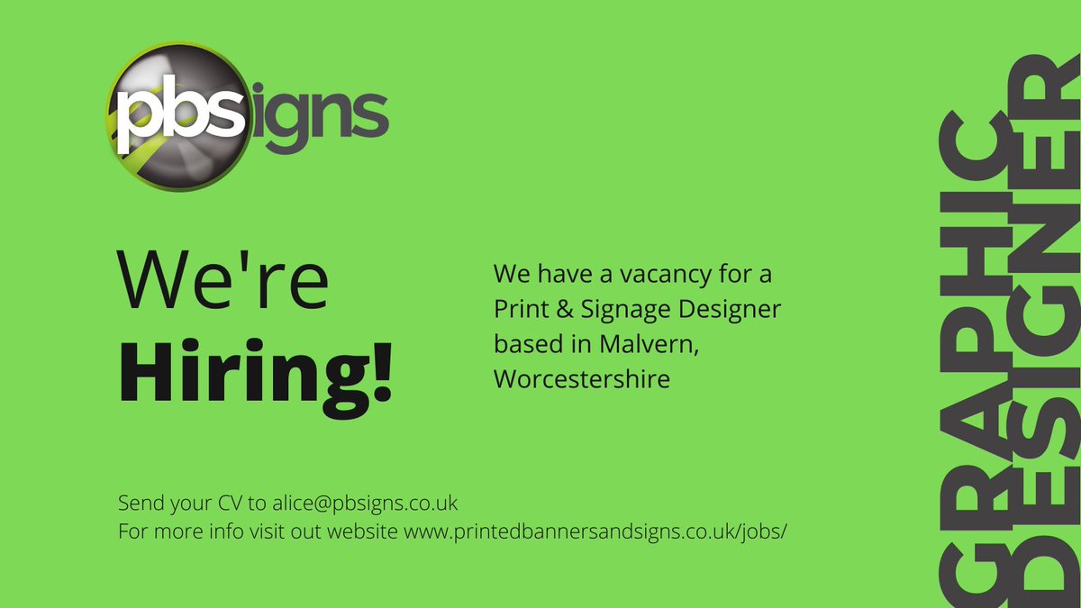 PB Signs (@pb_signs) on Twitter photo We’re hiring! We have a VACANCY for a PRINT & SIGNAGE DESIGNER at our dynamic and vibrant company. We'd love to hear from you.
Please submit your CV to alice@pbsigns.co.uk
Any questions call us on 01684 576217
Visit our website for more information printedbannersandsigns.co.uk/jobs/ We’re hiring! We have a VACANCY for a PRINT & SIGNAGE DESIGNER at our dynamic and vibrant company. We'd love to hear from you.
Please submit your CV to alice@pbsigns.co.uk
Any questions call us on 01684 576217
Visit our website for more information printedbannersandsigns.co.uk/jobs/