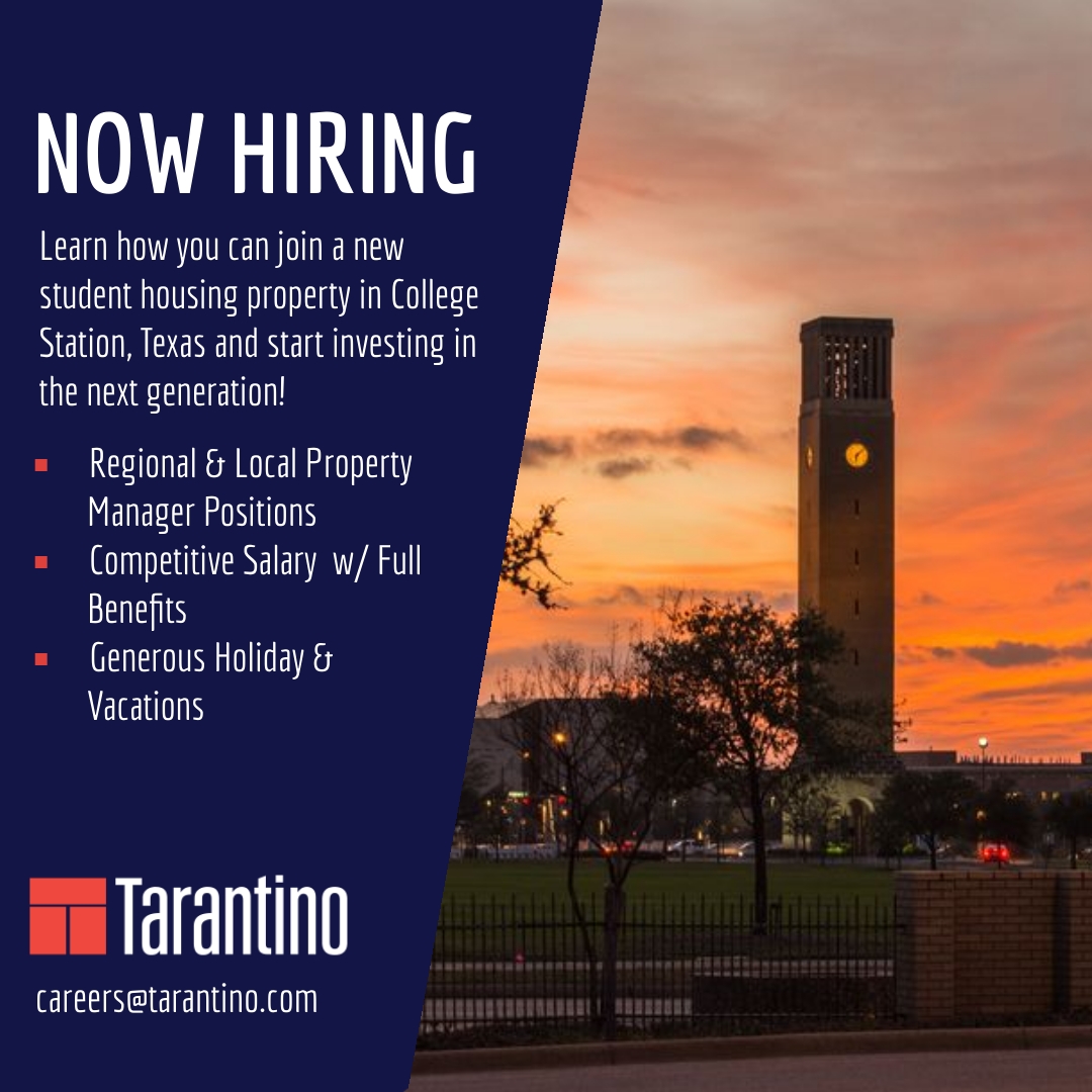 TarantinoProInc's tweet photo. Interested in joining the Tarantino team? Find out about our current job openings in College Station, Texas! 😎 #nowhiring #collegestationjobs #propertymanagement #studenthousing

Get more info: https://t.co/7E4NrvuNUr https://t.co/2fzG71YHvr
